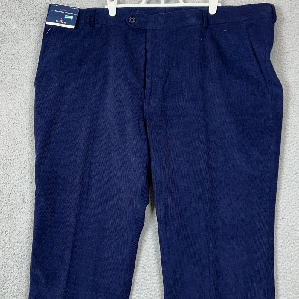 Stafford Pants Mens 44X32 Navy Blue Slim Fit Corduroy Dress Trousers Flat Front